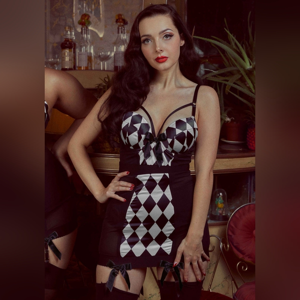 Bettie Page Lingerie Cassandra Harlequin Basque